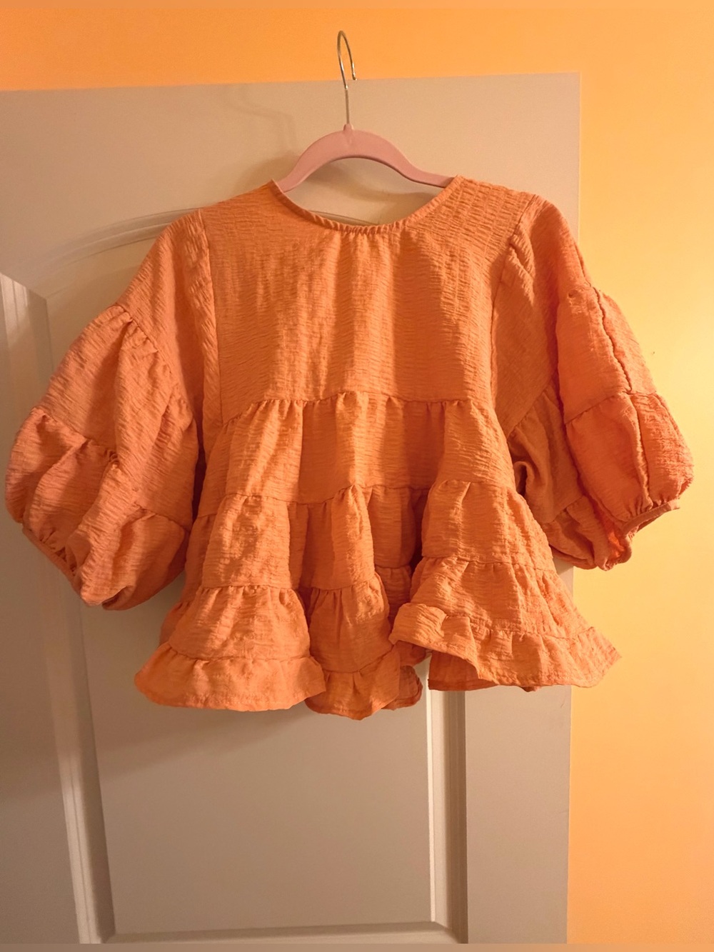 Orange Textured Tiered Ruffle Puff Sleeve Blouse Top S